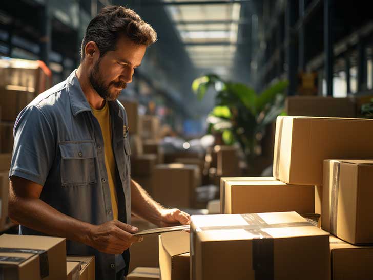 Man arbetar framför några lådor