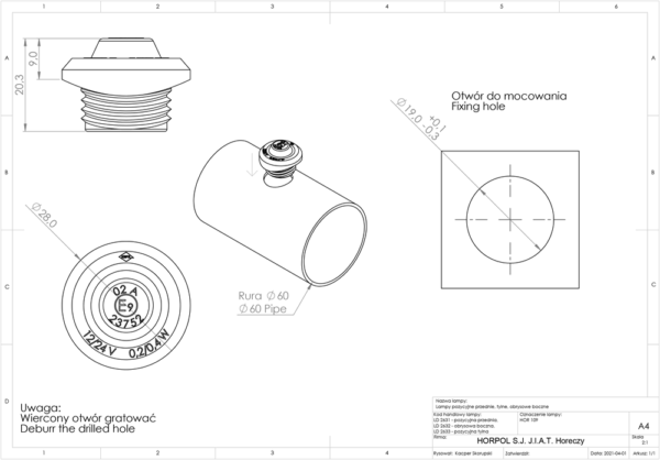 Positionsljus Vit, rörmontage, 0,5m, Graphite, DV