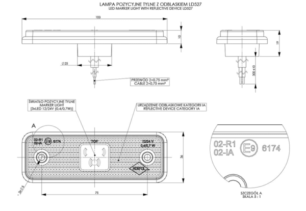 Horpol Positionsljus Röd, 0,3m, DV – 103x36x10 mm