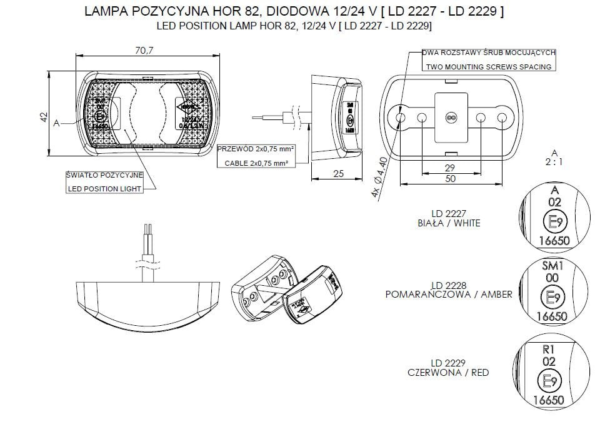 Horpol Positionsljus Vit, 0,5m, DV – 70,7x42x24,8 mm