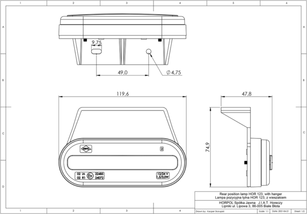 Horpol Positionsljus Röd, m. vinkelfäste, 0,5m, DV – 120x75x48 mm