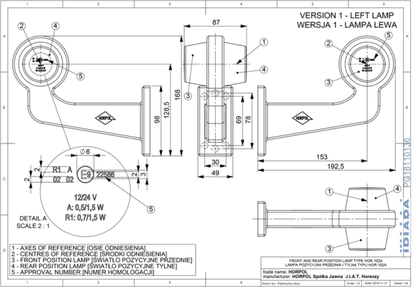 Horpol Positionsljus, Röd/Vit, Flex 90°, höger, 5m DV – 192x168x87 mm
