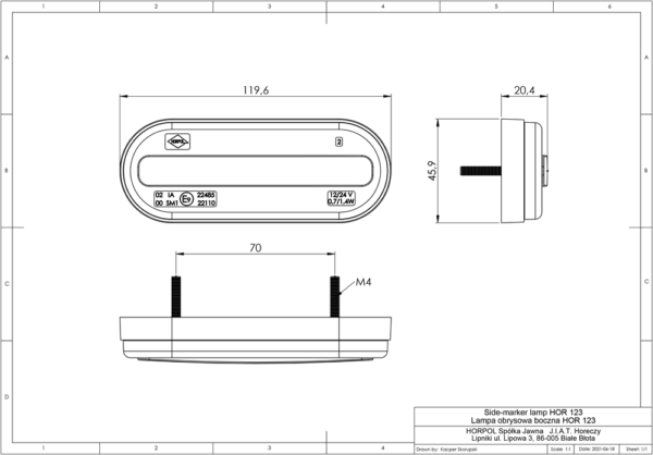 Horpol Sidomarkeringsljus Gul, 0,5m, DV – 120x46x20,4 mm