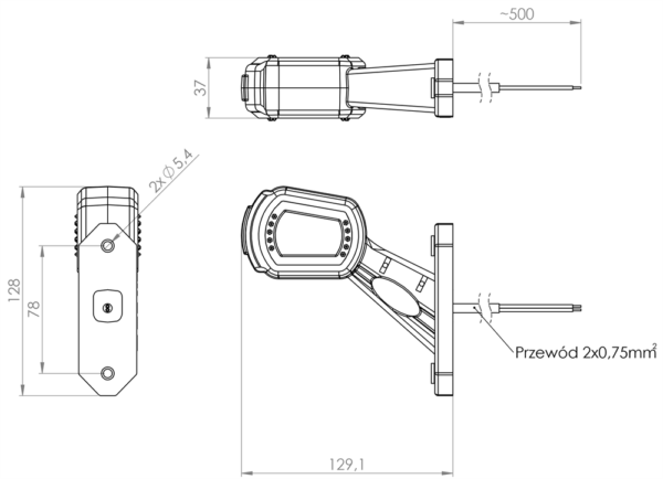 Horpol Sidomarkeringsljus, Flex, höger, 0,5m, DV – 129x128x37 mm