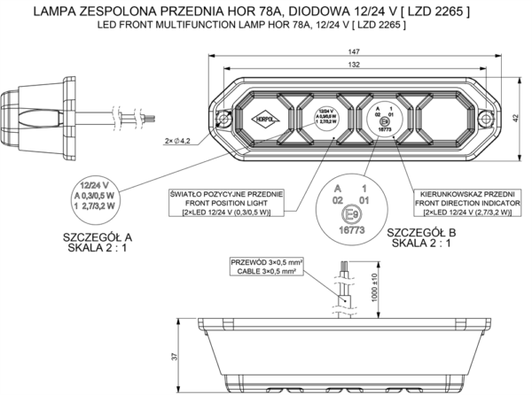 Frontlampa, blinkers-, positionsljus, 1m, DV
