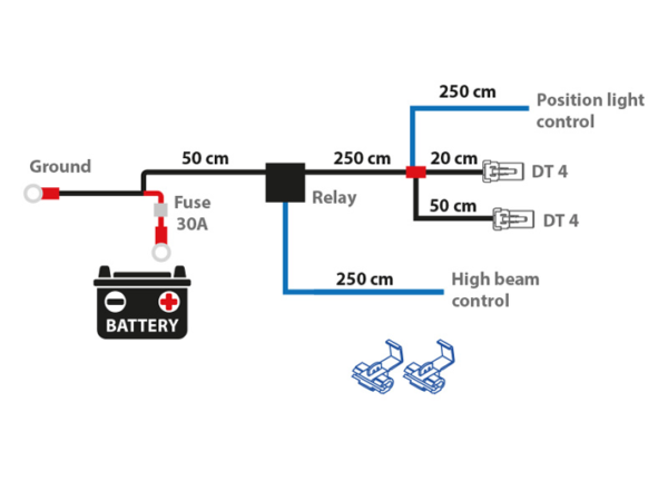 Extraljuskablage för 2 ljus, med relä och 4-pol DT – 12V
