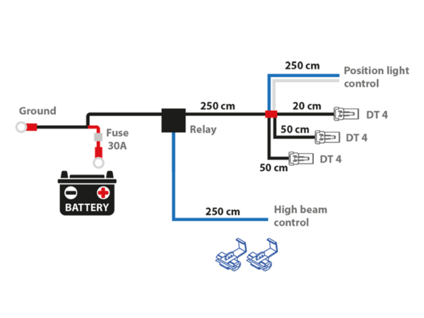 Extraljuskablage för 3 ljus, med relä och 4-pol DT – 12V