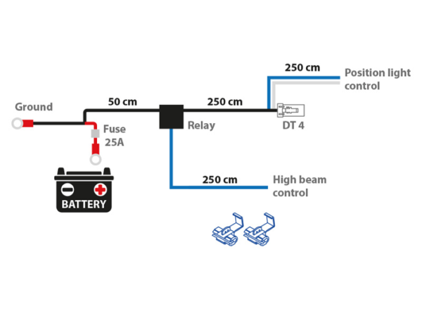 Extraljuskablage för 1 ljus, med relä och 4-pol DT – 12V