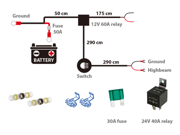 Extraljuskablage för 1 ljus, med relä, brytare, HD – 12V